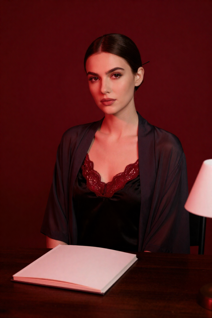 BioLinkFlash muse in a black slip dress with crimson lace in the safelight darkroom, closed pale biography and the safelight glow
